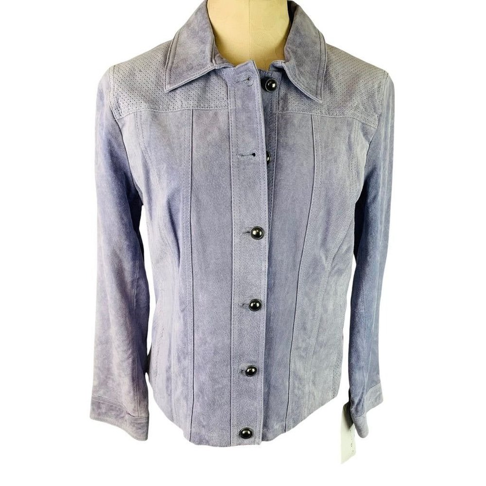 Large Hal Rubenstein Light Blue‎ Gray Suede Women's Button Up Lined Jacket New